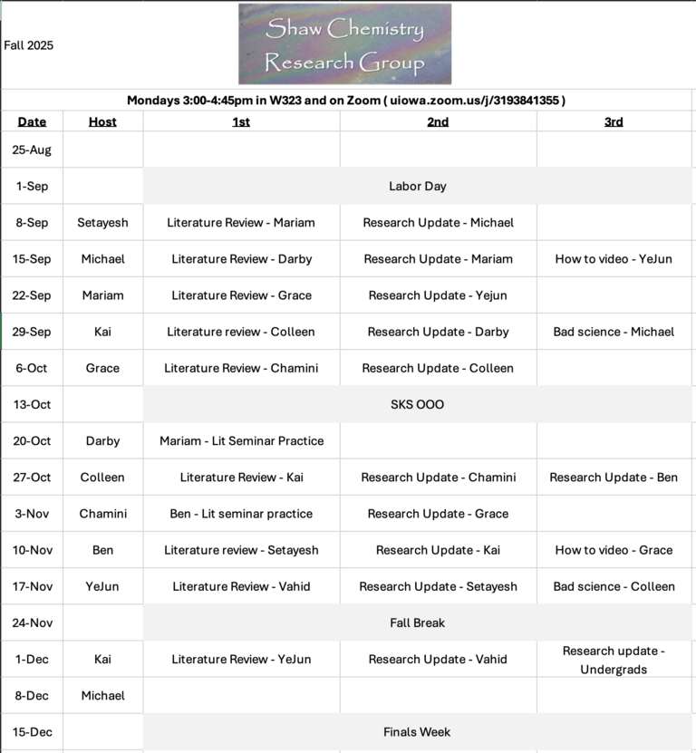 Group Meeting Schedule for Fall 2025